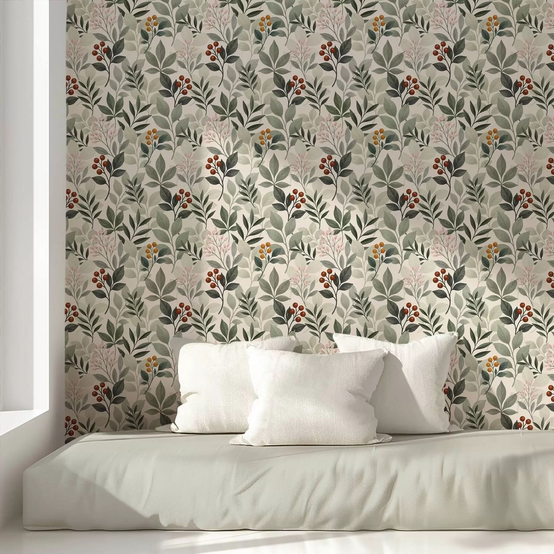 Stenske poslikave Listi z jagodami, svetlo ozadje a00713 nakup SI - Uwalls.si stenske poslikave Listi z jagodami, svetlo ozadje a00713