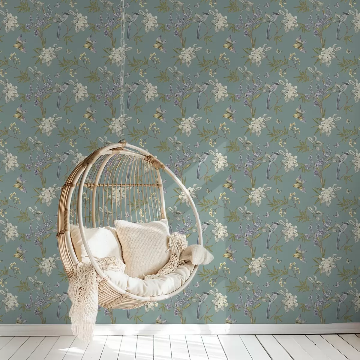 Ozadje Ptice, cvetje in metulji na modro-sivem ozadju a00735