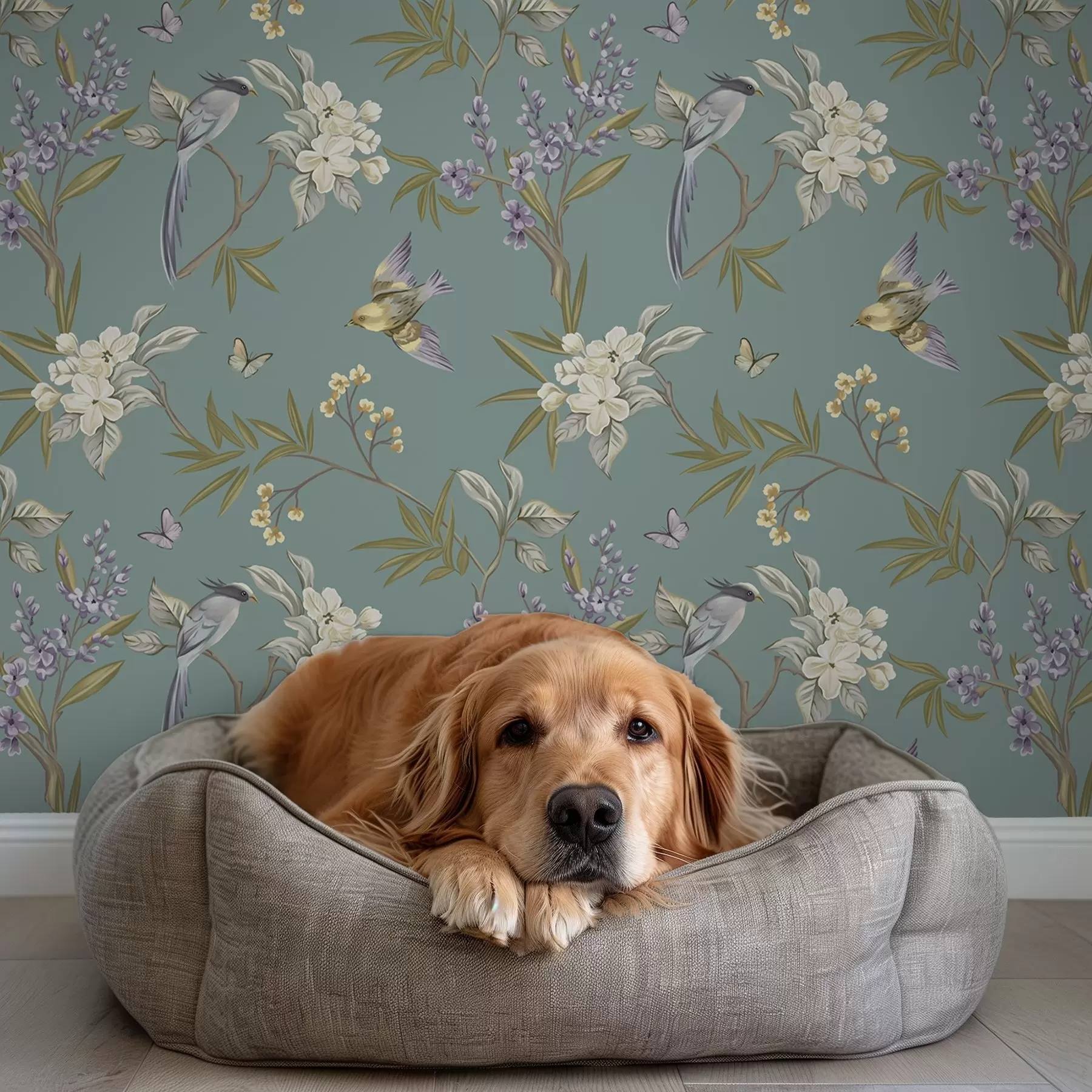 stenske poslikave Ptice, cvetje in metulji na modro-sivem ozadju a00735