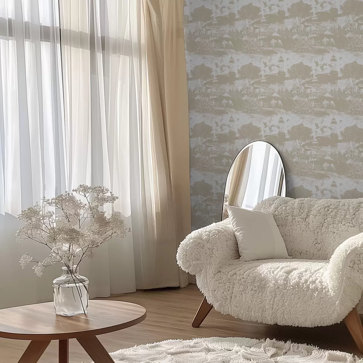 Ozadje Prizor z majakom, drevesi in hišami v sieni a00739