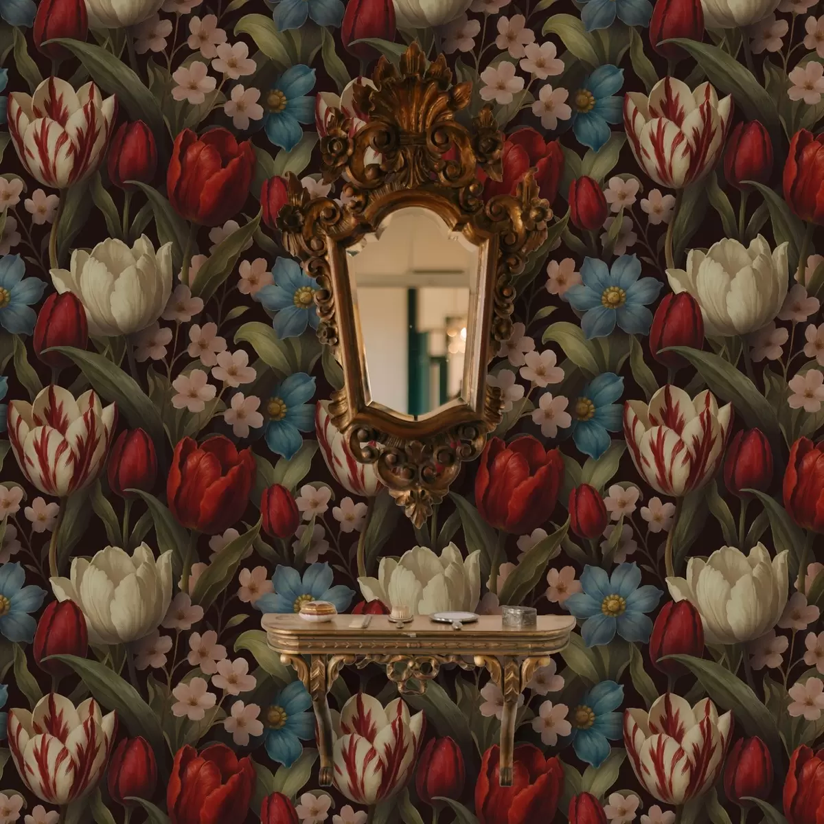 Ozadje Svetle tulipane in modre rože na temnem ozadju a00746