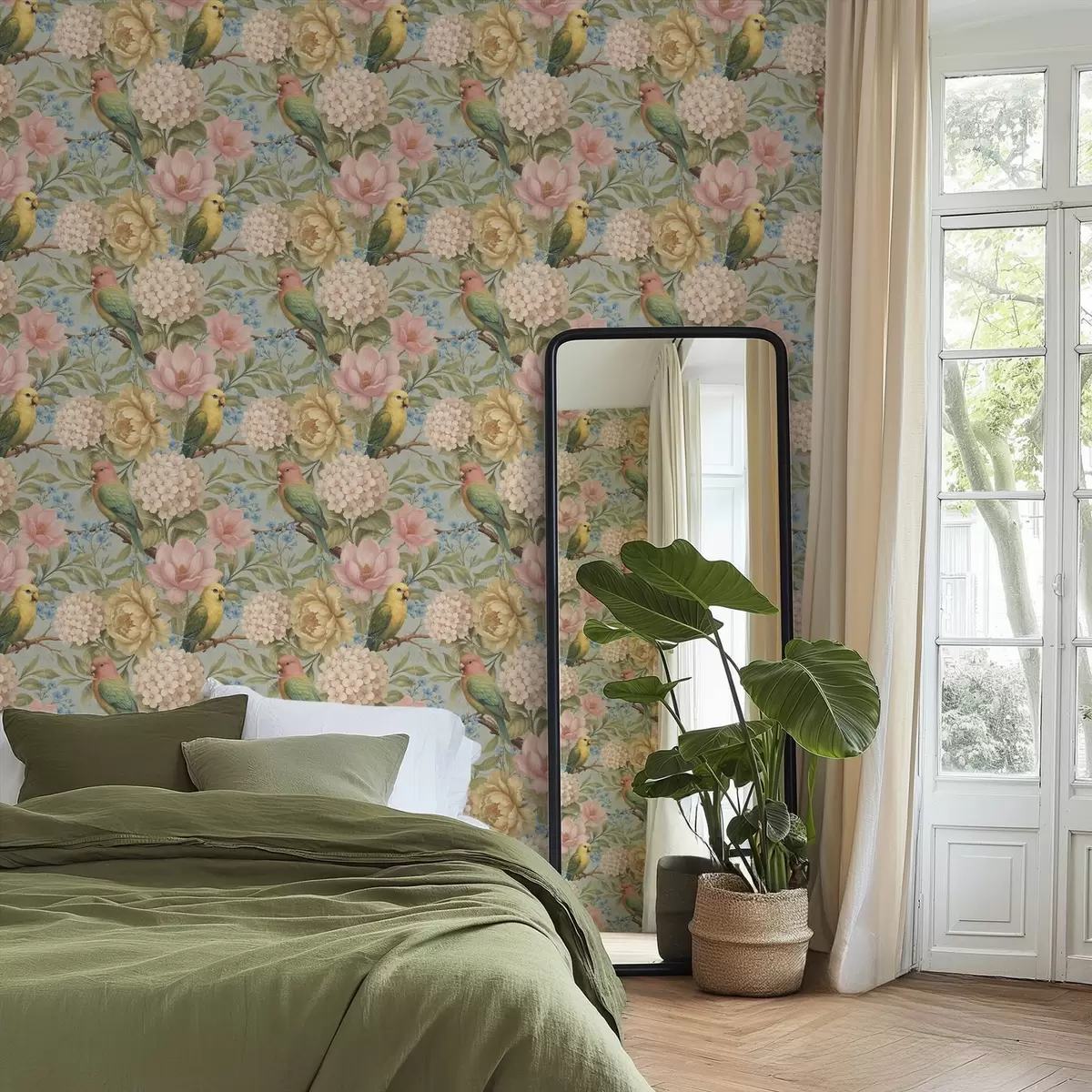 Ozadje Papige med potonikami, hortenzijami in magnolijami a00747