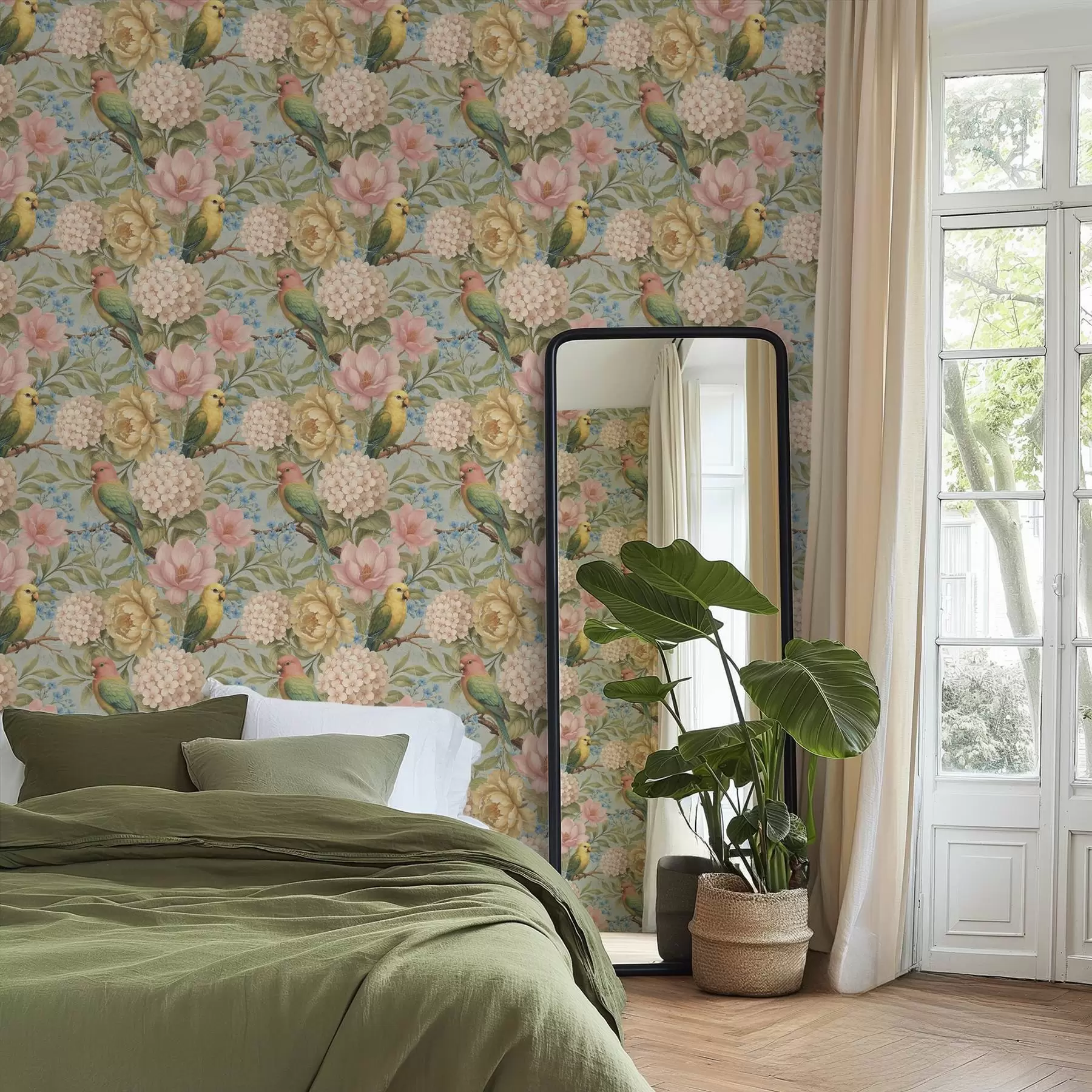 stenske poslikave Papige med potonikami, hortenzijami in magnolijami a00747