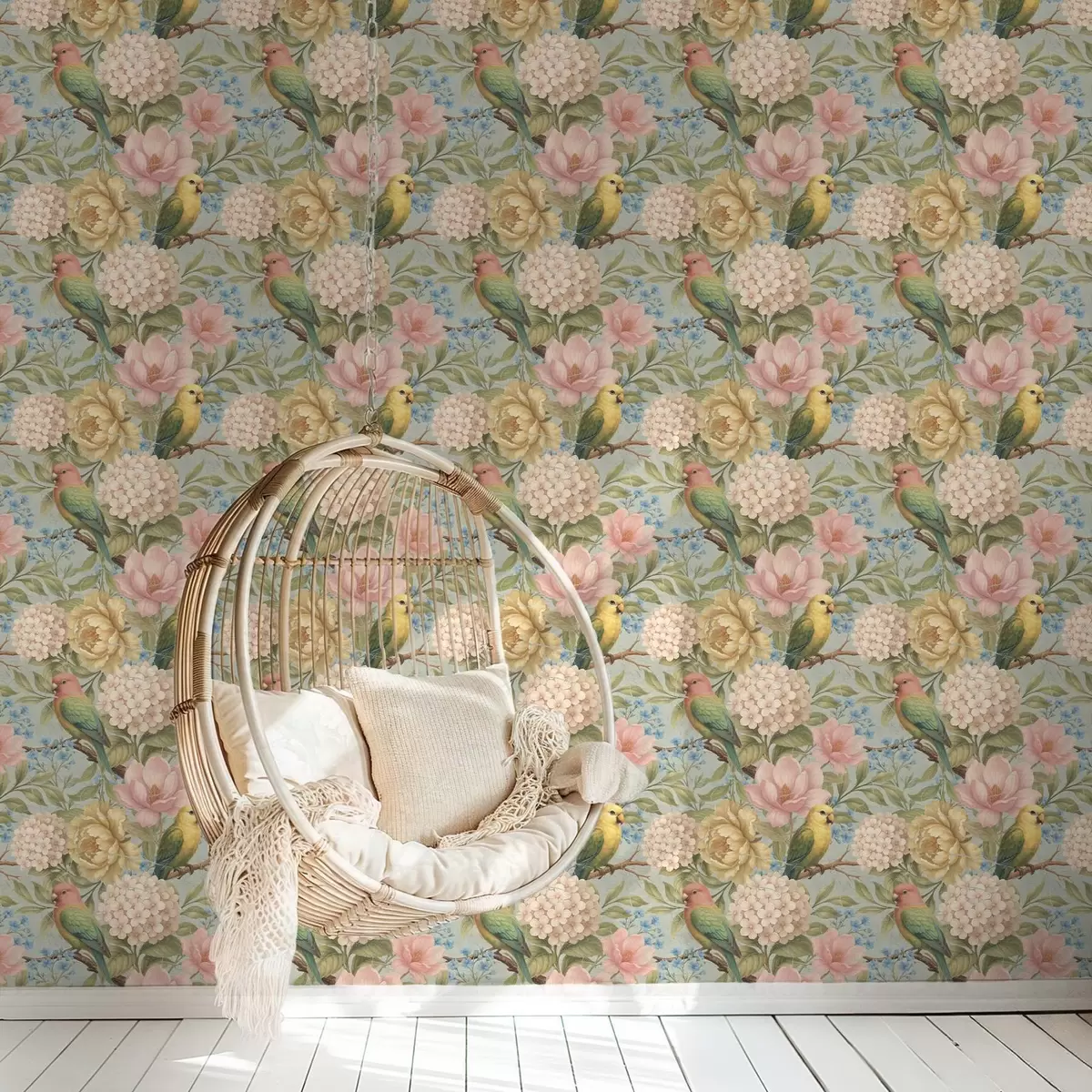 Ozadje Papige med potonikami, hortenzijami in magnolijami a00747