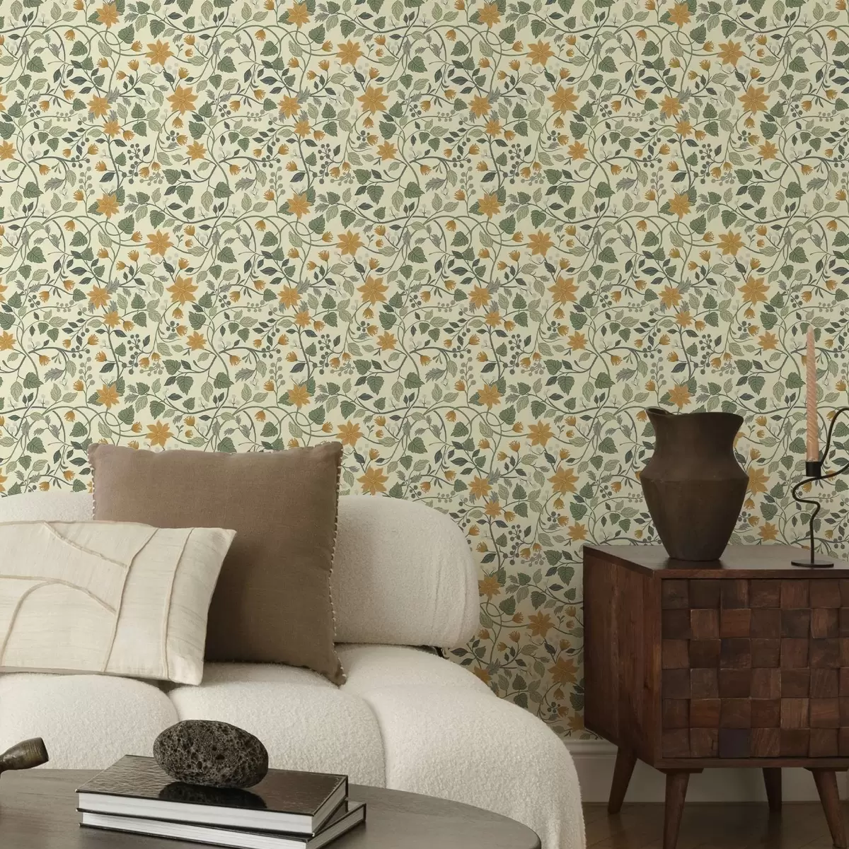 Ozadje Plezanje po cvetličnih vejah z rumenimi cvetovi in jagodami a00750