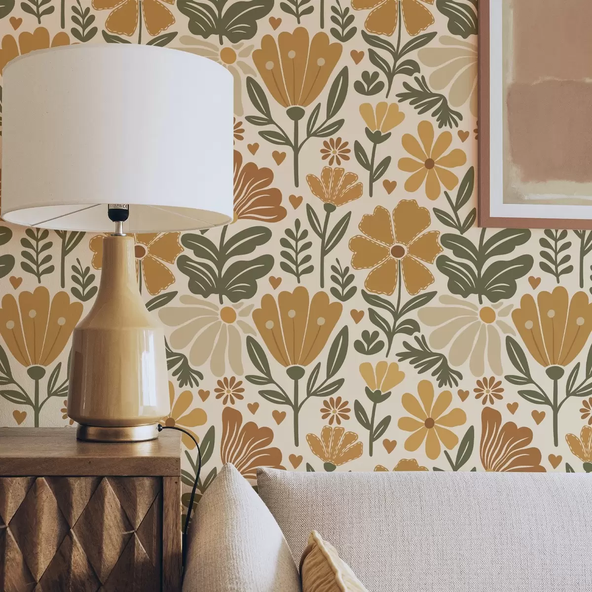 Ozadje Stilizirane cvetlice v toplih barvah s srčki a00752