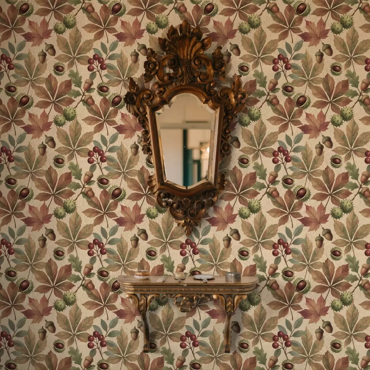 Ozadje Jesensko listje, želod in jagode na bežnem ozadju a00754