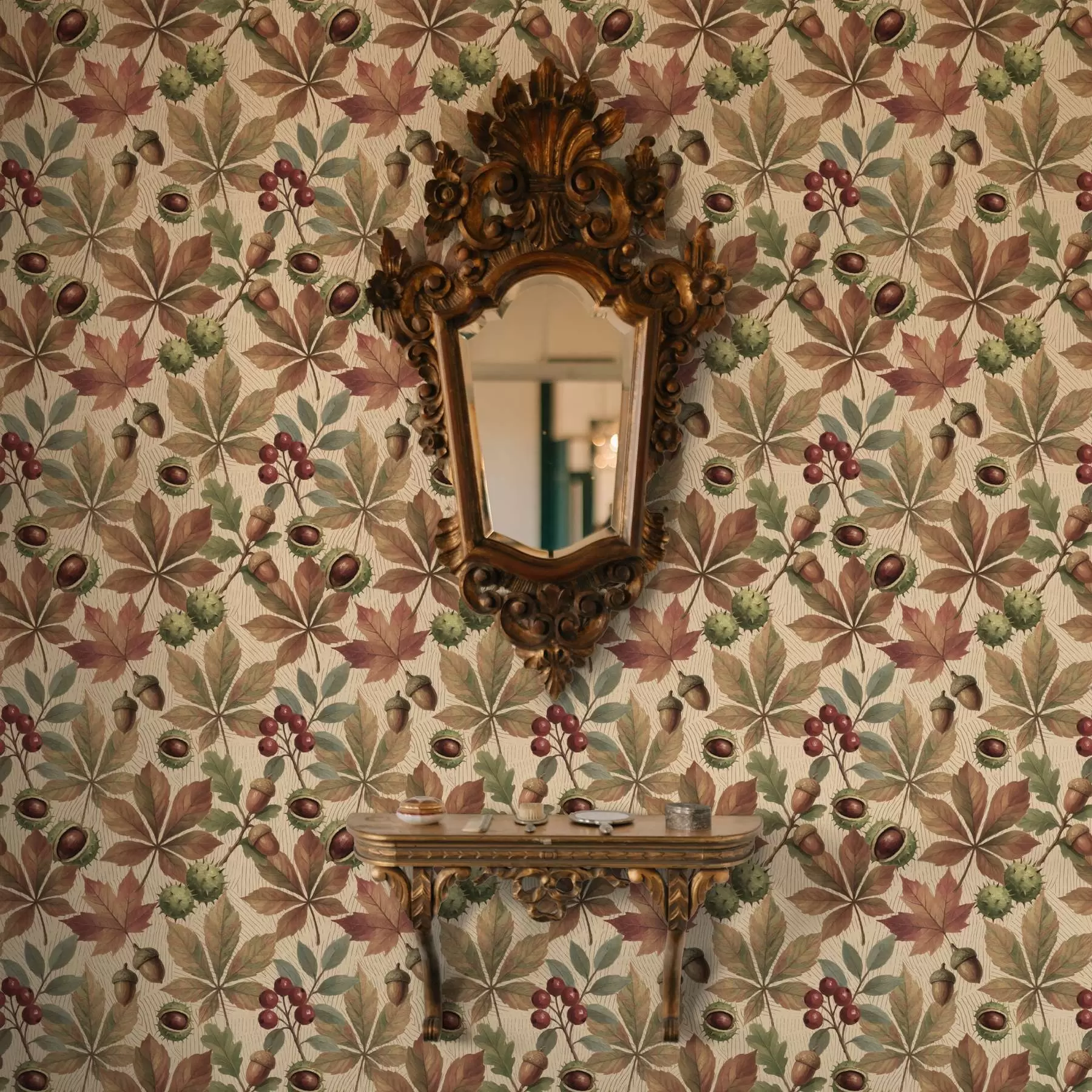 stenske poslikave Jesensko listje, želod in jagode na bežnem ozadju a00754