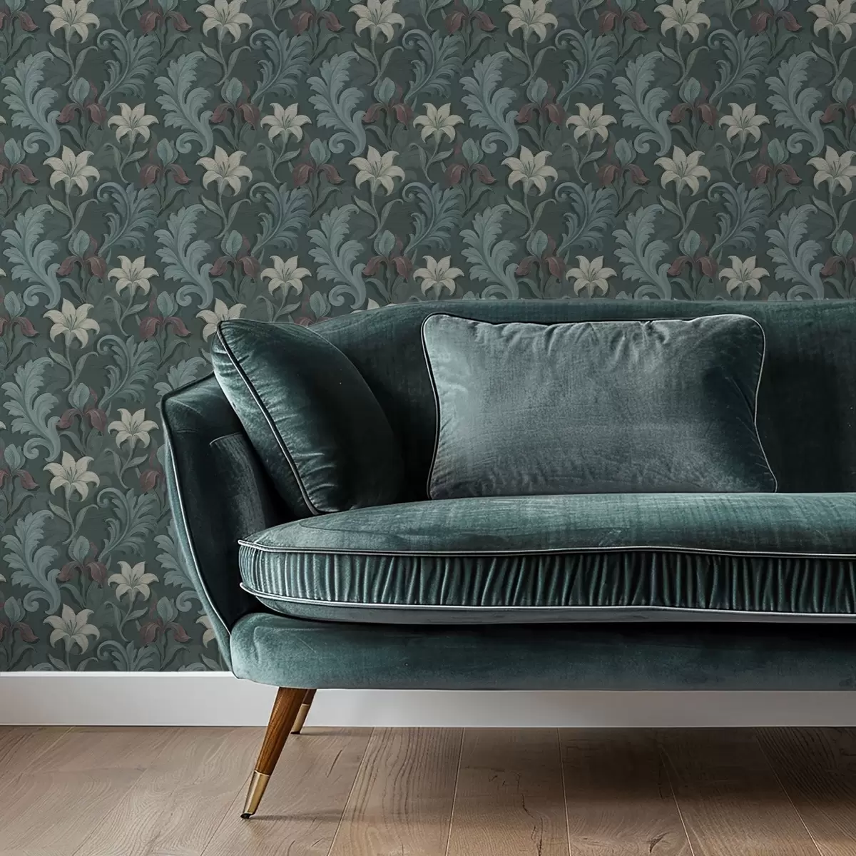 Ozadje Temno zeleno ozadje z irisi in okrasnimi listi a00755