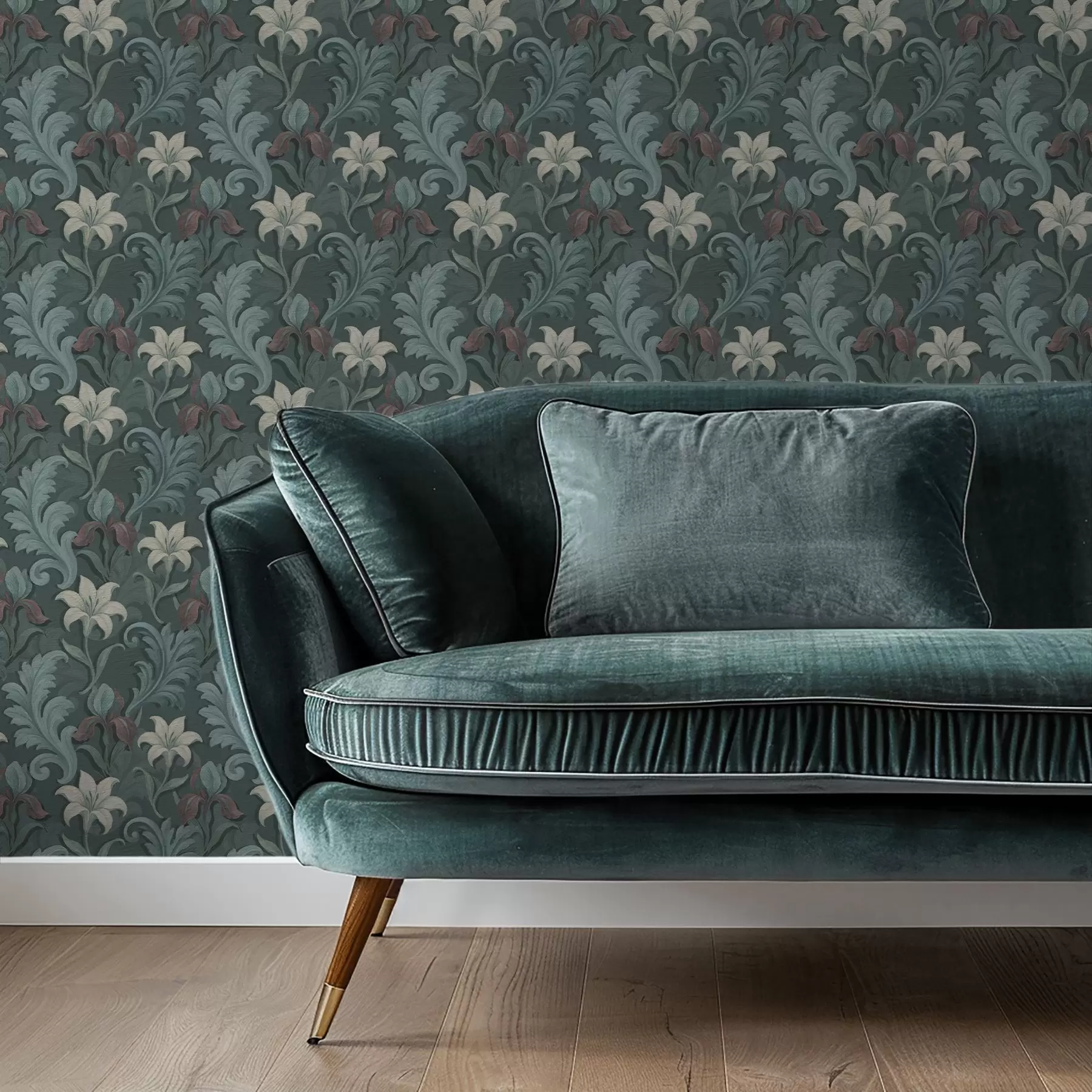 stenske poslikave Temno zeleno ozadje z irisi in okrasnimi listi a00755