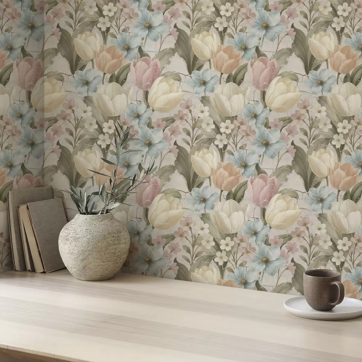 Ozadje Pastelni tulipani in cvetje na svetlem razpokanem ozadju a00756