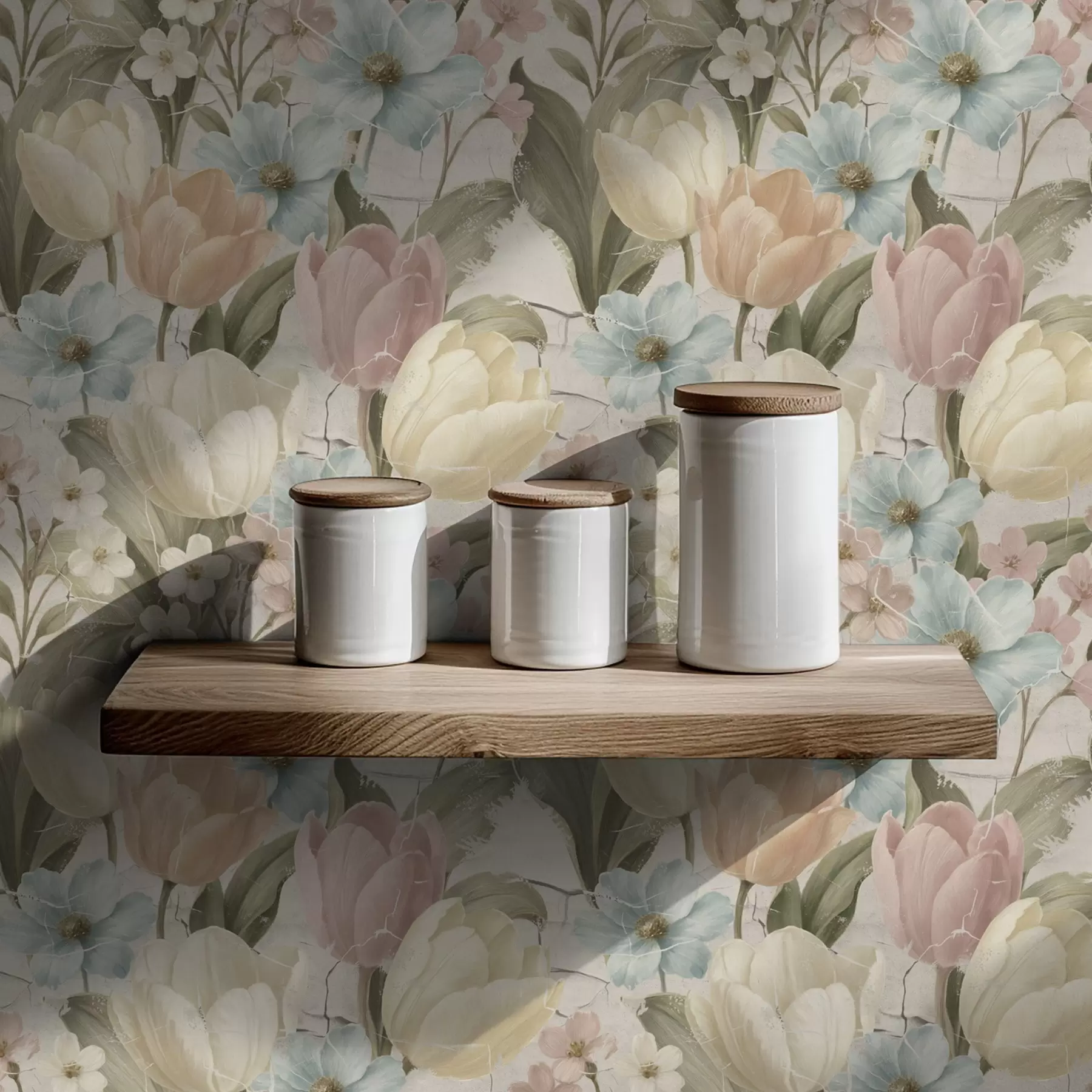 stenske poslikave Pastelni tulipani in cvetje na svetlem razpokanem ozadju a00756