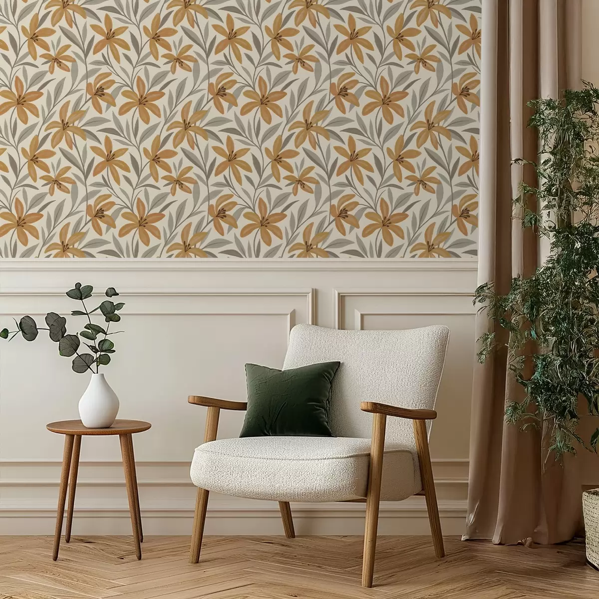 Ozadje Rumene lilije in sivo-zelene liste na svetlem ozadju a00757