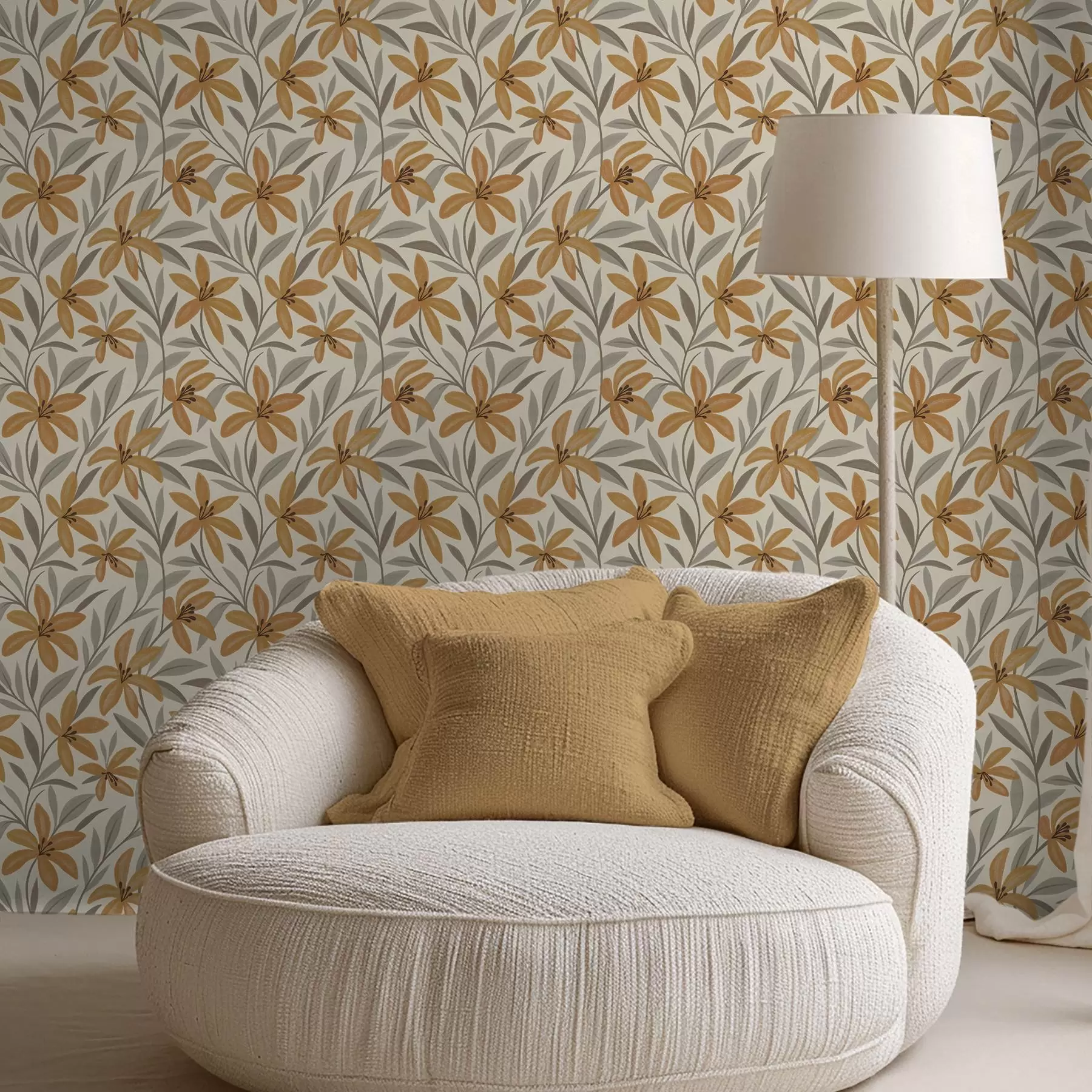 stenske poslikave Rumene lilije in sivo-zelene liste na svetlem ozadju a00757