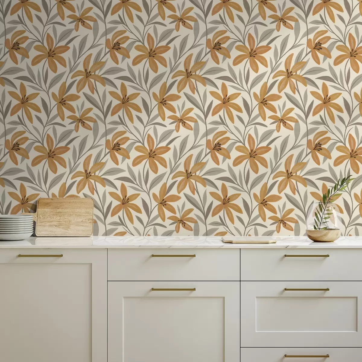 Ozadje Rumene lilije in sivo-zelene liste na svetlem ozadju a00757