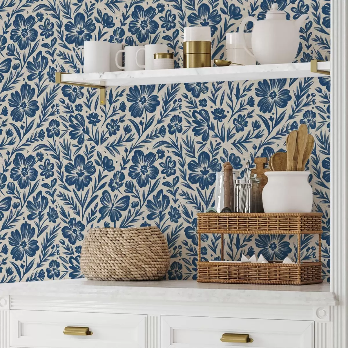 Ozadje Modri cvetlični ornament z metulji a00758