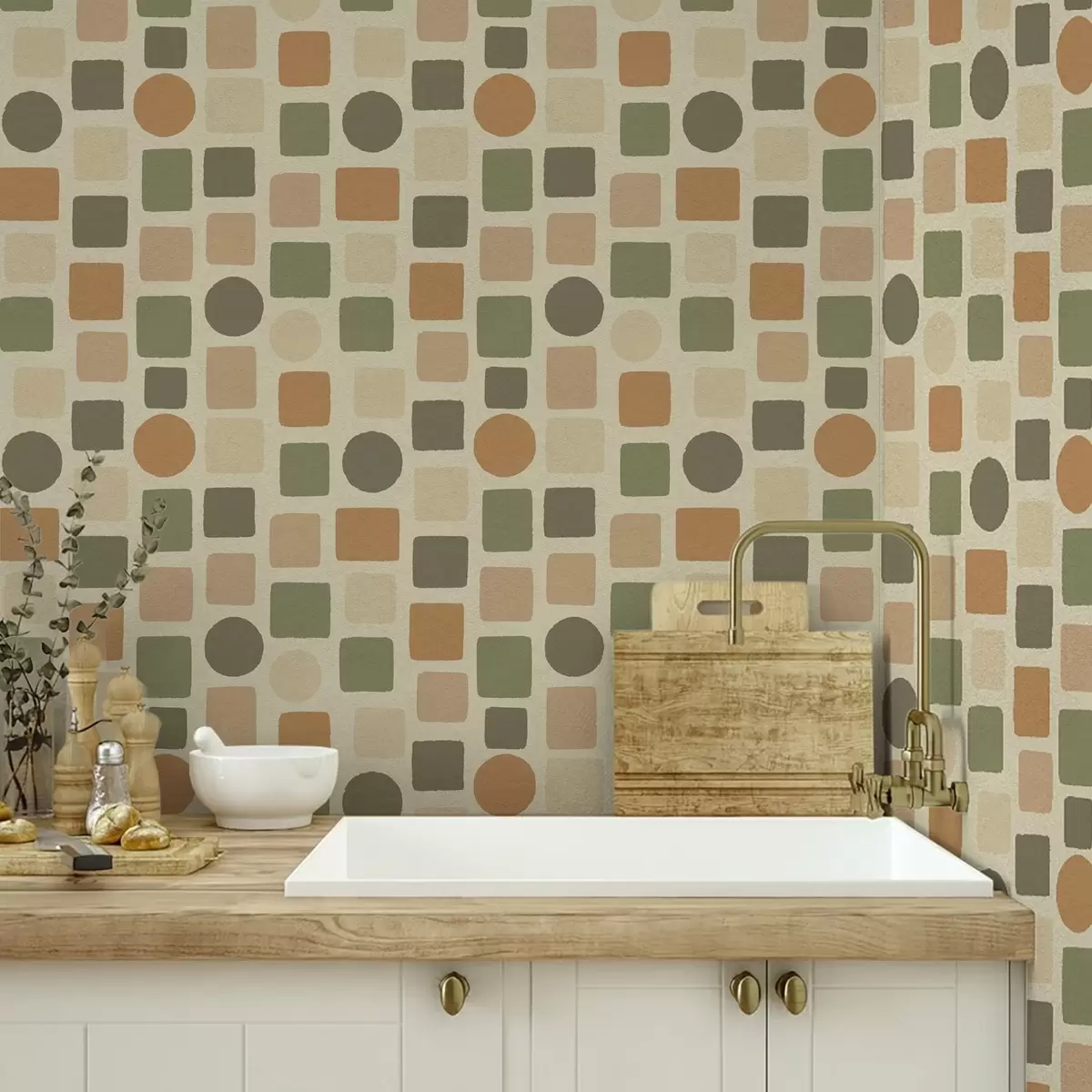 Ozadje Geometrični vzorec kvadratov in krogov v toplih tonih a00759