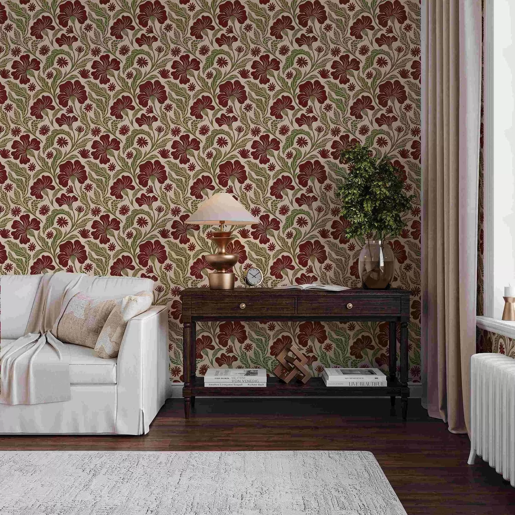 stenske poslikave Burgundske cvetlice z zelenimi listi na svetlem ozadju a00761