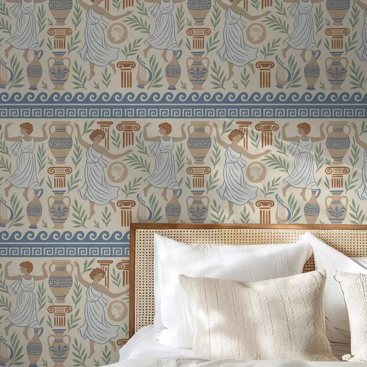 Ozadje Starogrški ornament s figurami, vazami in stebri a00768