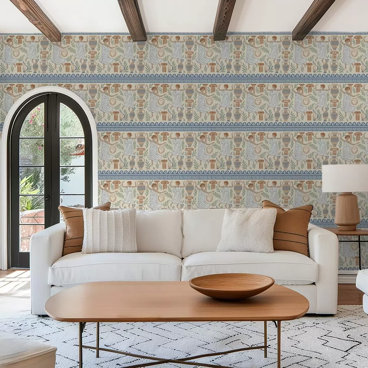 Ozadje Starogrški ornament s figurami, vazami in stebri a00768