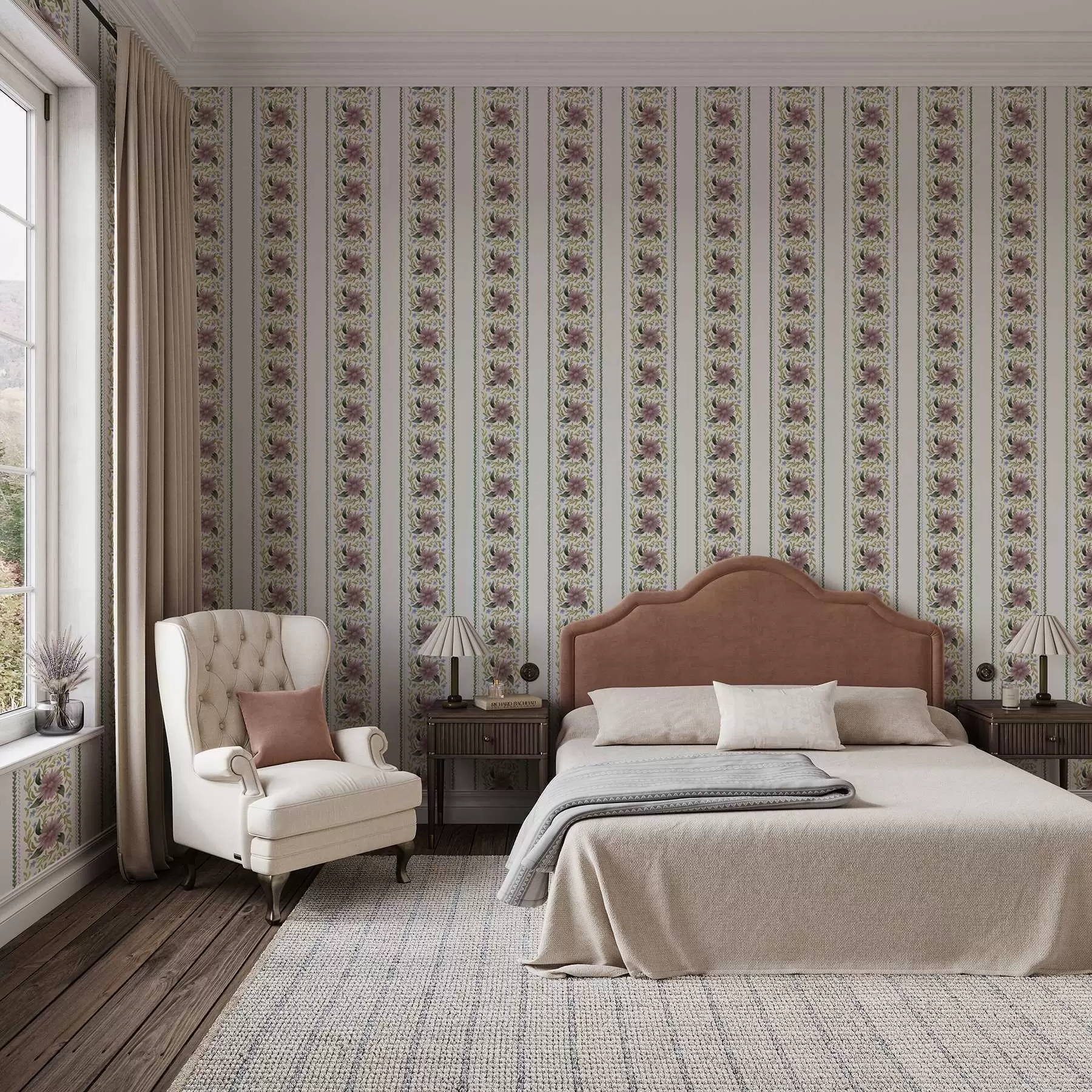 stenske poslikave Vertikalne cvetlične črte v lila-modrih odtenkih a00809