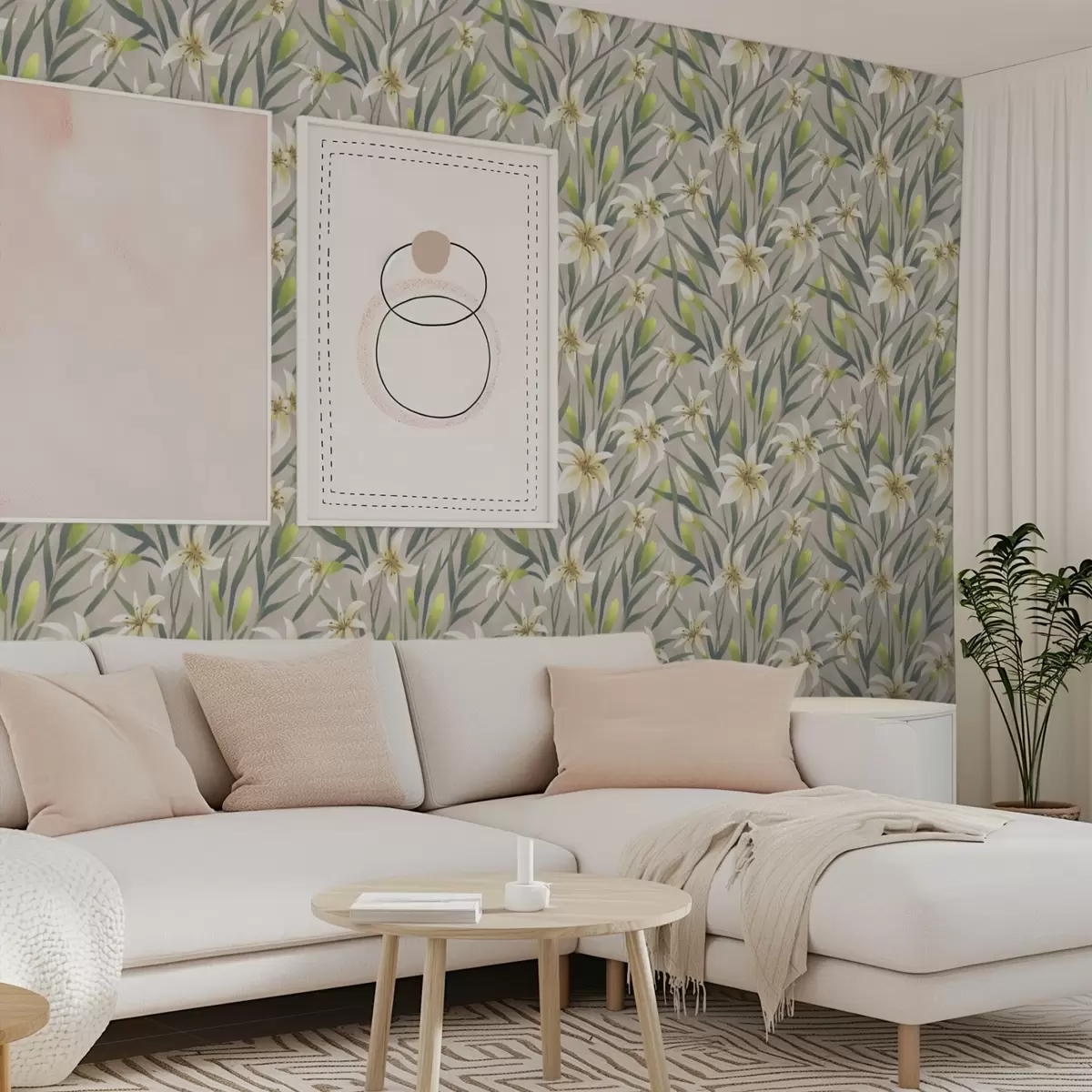 Ozadje Kremaste lilije z listi na sivo-bežnem ozadju a00837