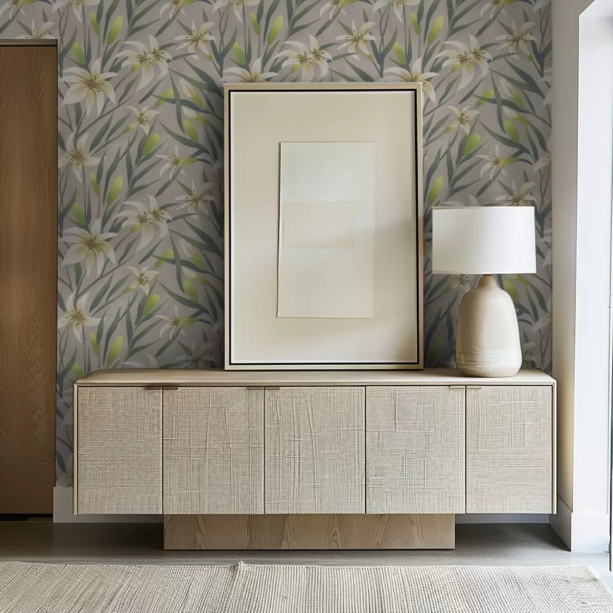 Ozadje Kremaste lilije z listi na sivo-bežnem ozadju a00837