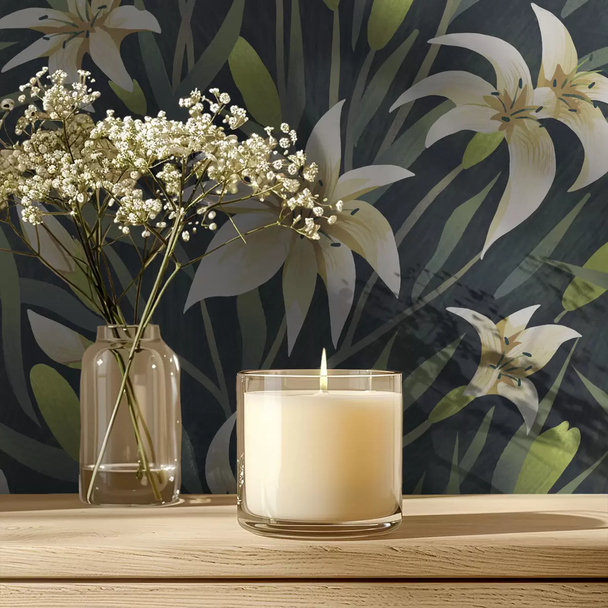 Ozadje Kremaste lilije z listi na temnem ozadju a00837v1 Ozadje Kremaste lilije z listi na temnem ozadju a00837v1