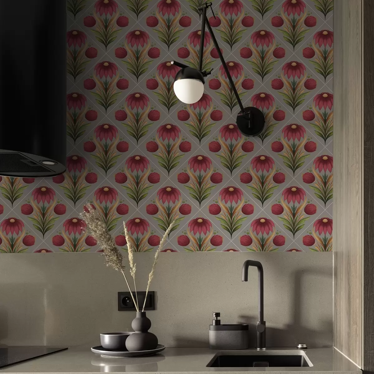 Ozadje Simetrični cvetlični ornament na sivem ozadju z diagonalami a00869