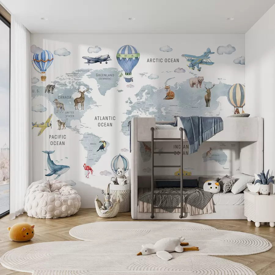 stenske poslikave Otroška zemljevid v akvarelnem slogu z živalmi in toplozračnimi baloni. Angleški jezik. Modra barva. c00001env1