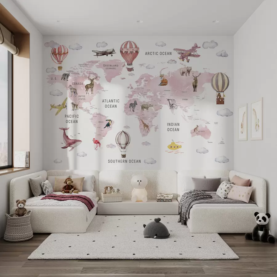 stenske poslikave Otroška zemljevid v akvarelnem slogu z živalmi in toplozračnimi baloni. Angleški jezik. Roza barva c00001env3