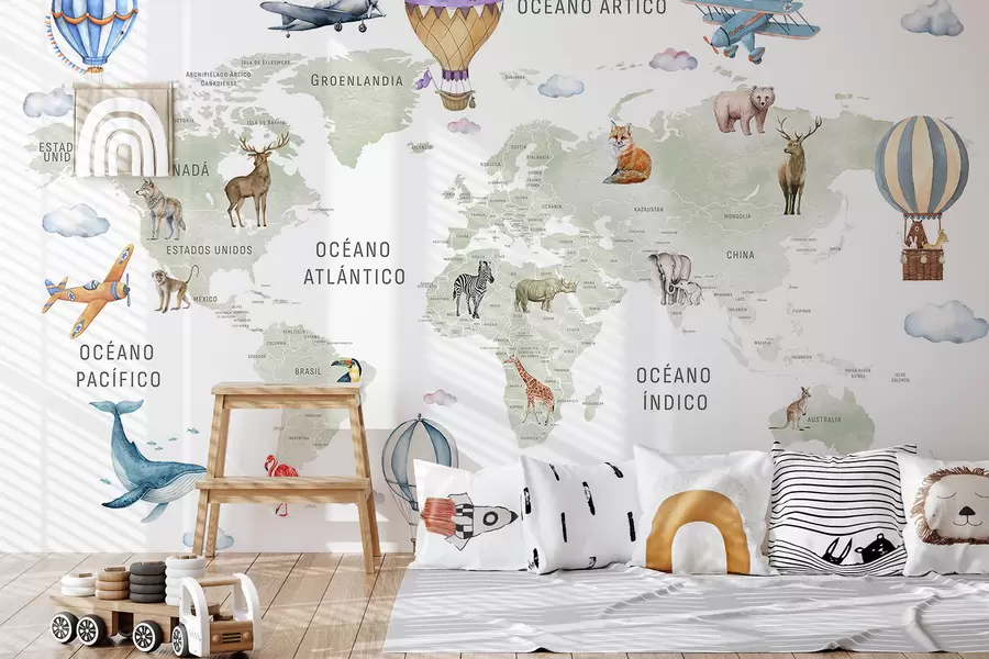 stenske poslikave Otroška zemljevid v akvarelnem slogu z živalmi in toplozračnimi baloni. Španski jezik. Zelena barva. c00001es