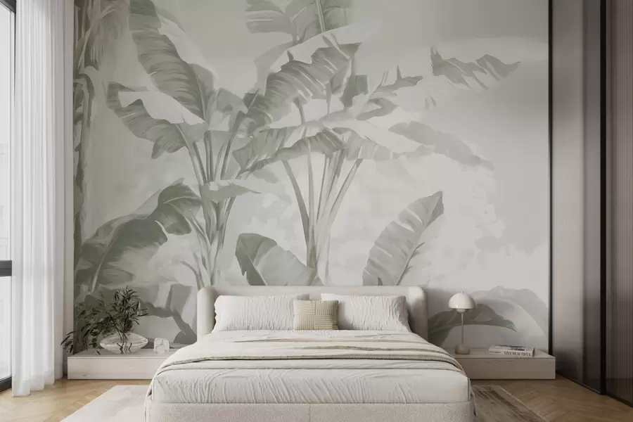 stenske poslikave Tropski bananini listi v nežnih zelenih odtenkih w09311v1