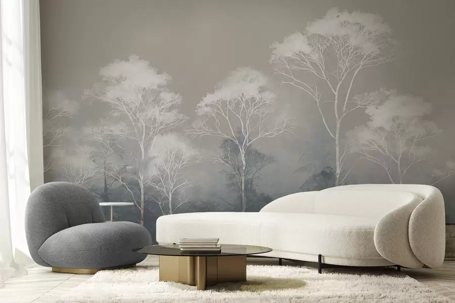 stenske poslikave Minimalistična drevesa v modro-sivi barvni paleti, v megli w09448