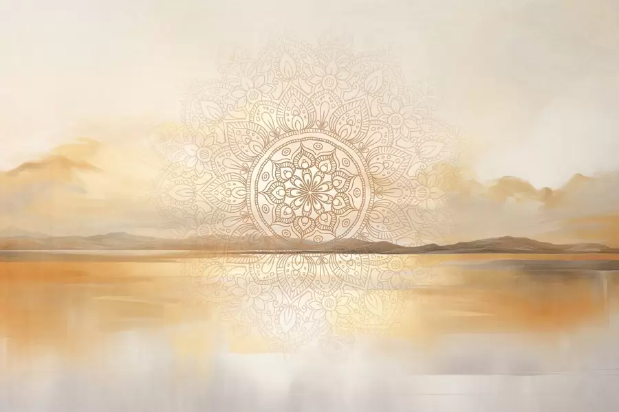 stenske poslikave Teksturiran simetričen mandala vzorec, ki prekriva pokrajino z morjem, hribi in nebom, v nežnih pastelnih barvah w09491