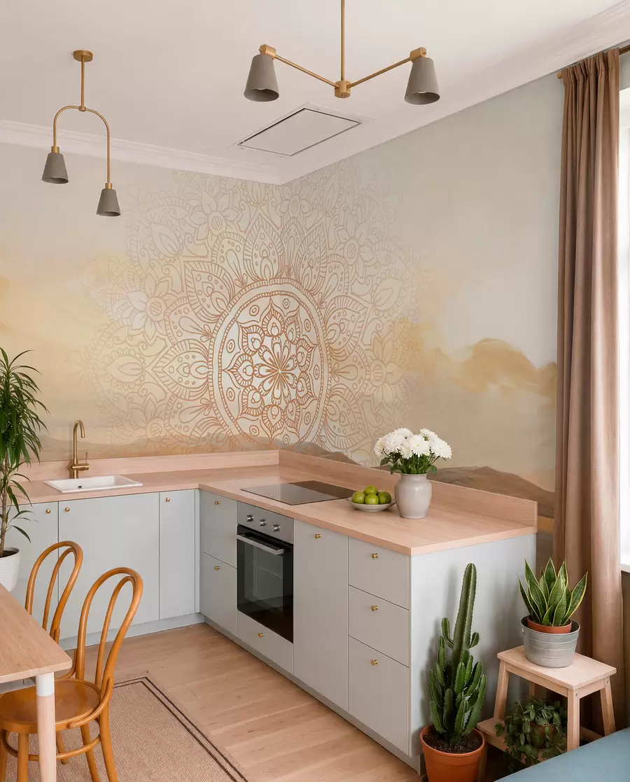 stenske poslikave Teksturiran simetričen mandala vzorec, ki prekriva pokrajino z morjem, hribi in nebom, v nežnih pastelnih barvah w09491