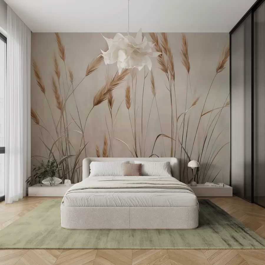 stenske poslikave Pšenično polje z rumenimi klasji, bež ozadje, naravna svetloba, topli toni, podrobni čopiči w09493