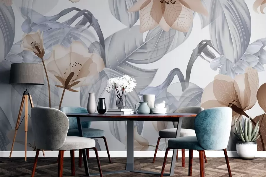 stenske poslikave Rjave cvetove in sive liste, cvetlični botanični ozadje, eleganten dizajn, nežne barve, svetli nežni detajli w09497v1