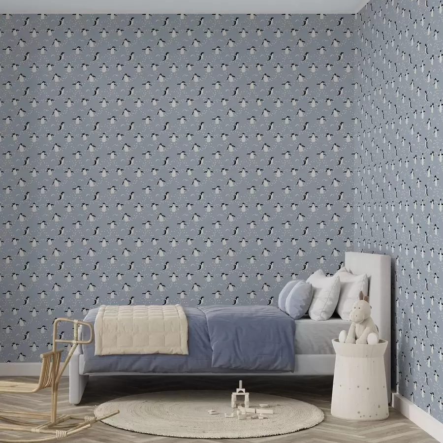 stenske poslikave Pingvini na sivo-modri podlagi z odtisom stopal a00655