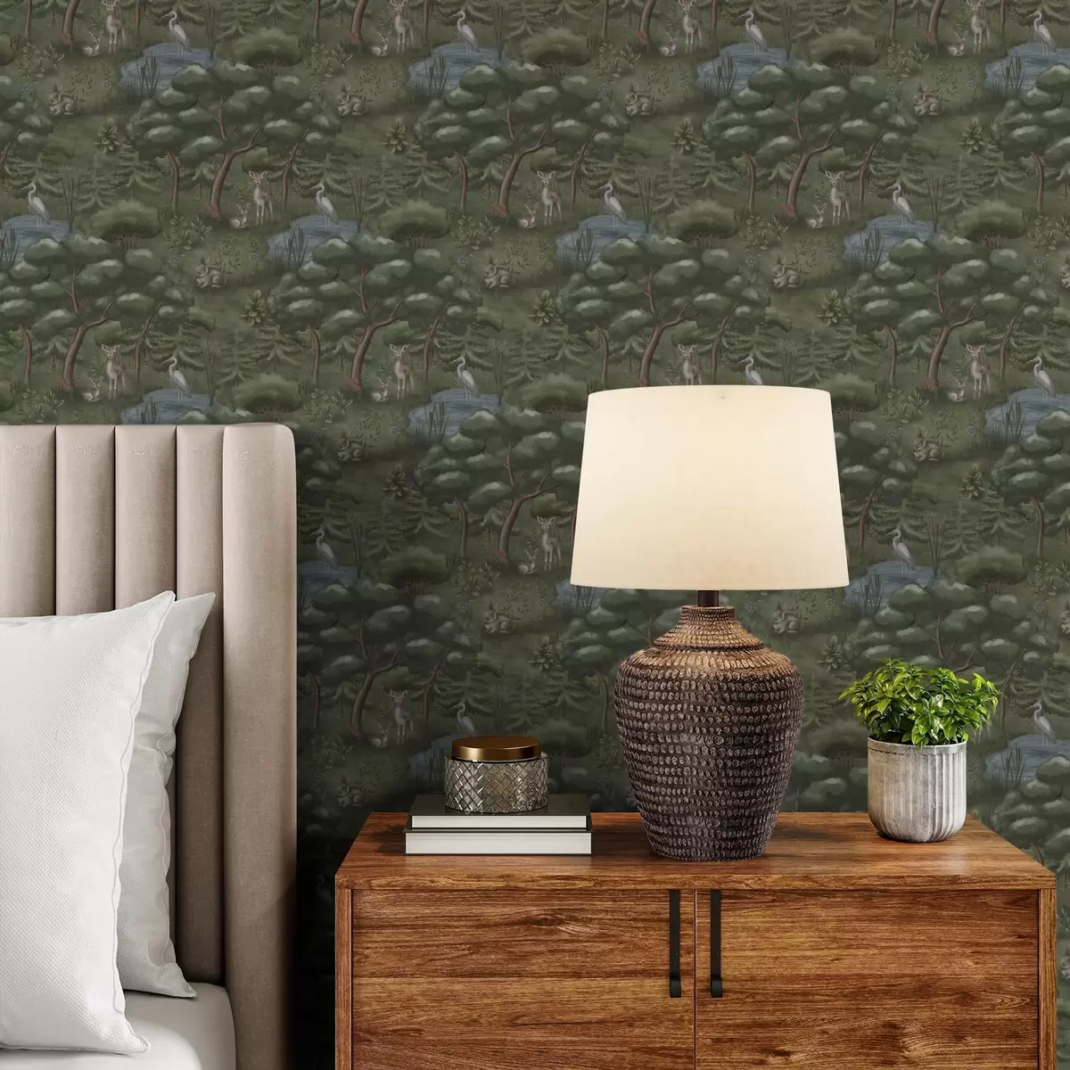 Ozadje Gozdna jasa z jelenčki, zajci in čapljami a00680 Ozadje Gozdna jasa z jelenčki, zajci in čapljami a00680