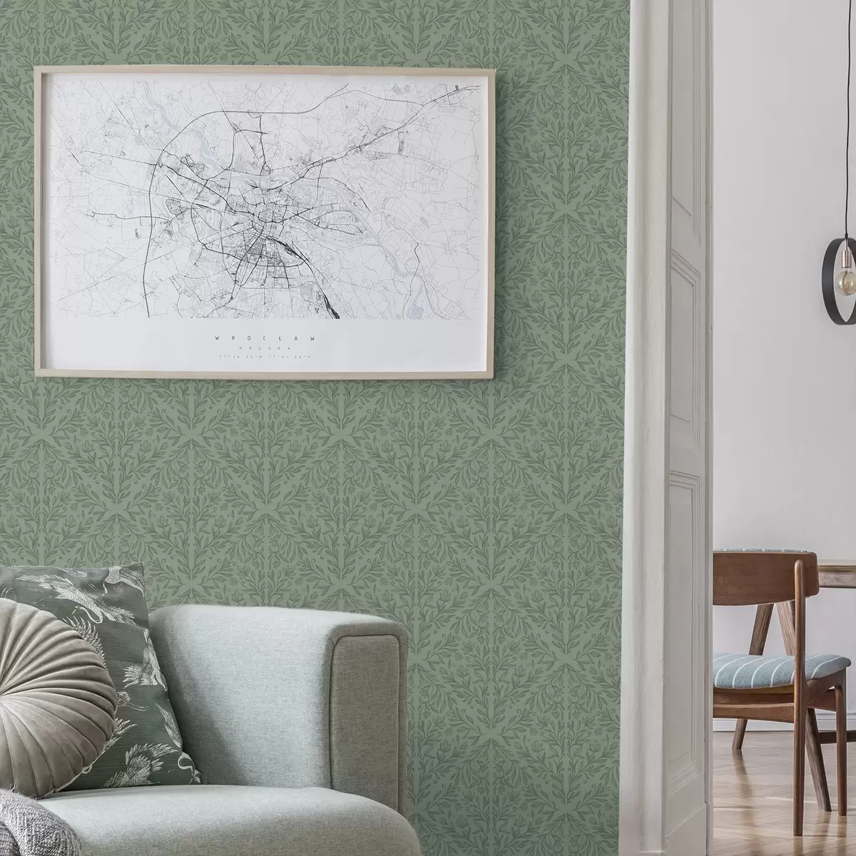 Ozadje Fina botanična damaska v umirjeni zeleni barvi a00815v1 Ozadje Fina botanična damaska v umirjeni zeleni barvi a00815v1