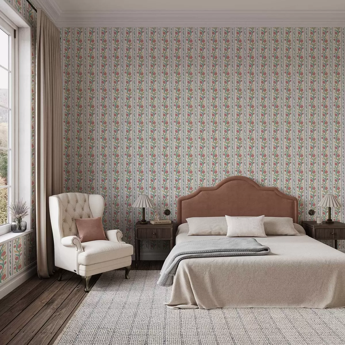 Ozadje Vertikalne črte s koralnimi cvetovi in turkiznimi listi a00816