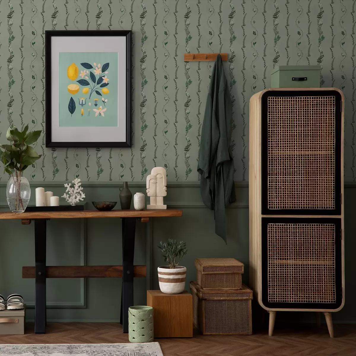 Ozadje Vertikalne trte in vejice na pridušeni zeleni barvi a00817v1