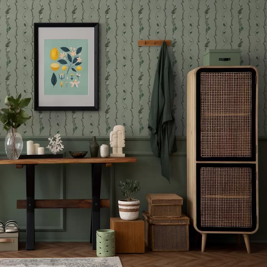 stenske poslikave Vertikalne trte in vejice na pridušeni zeleni barvi a00817v1