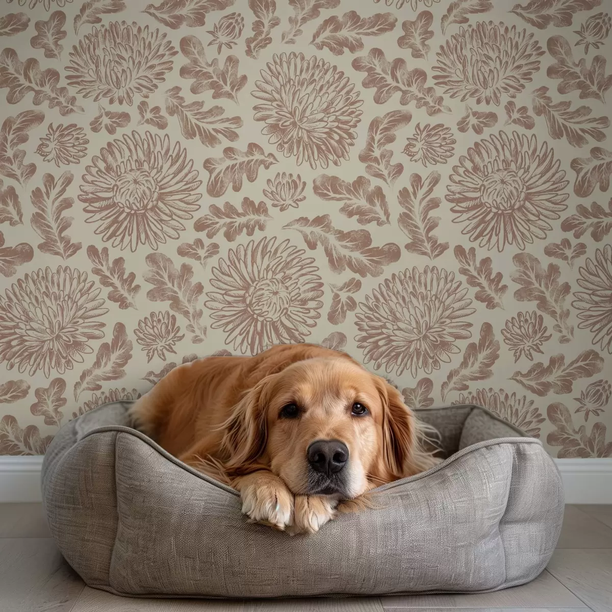 Ozadje Krizanteme in hrastovi listi v nežni bež-rjavi barvi a00840