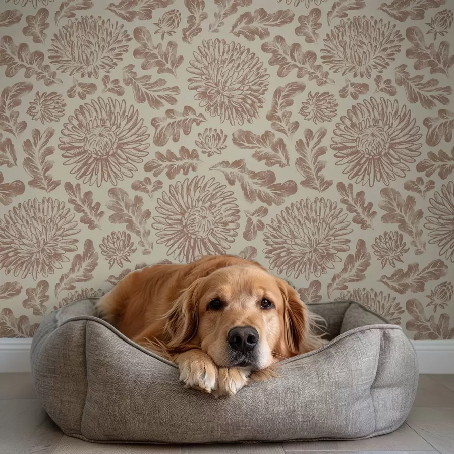 stenske poslikave Krizanteme in hrastovi listi v nežni bež-rjavi barvi a00840