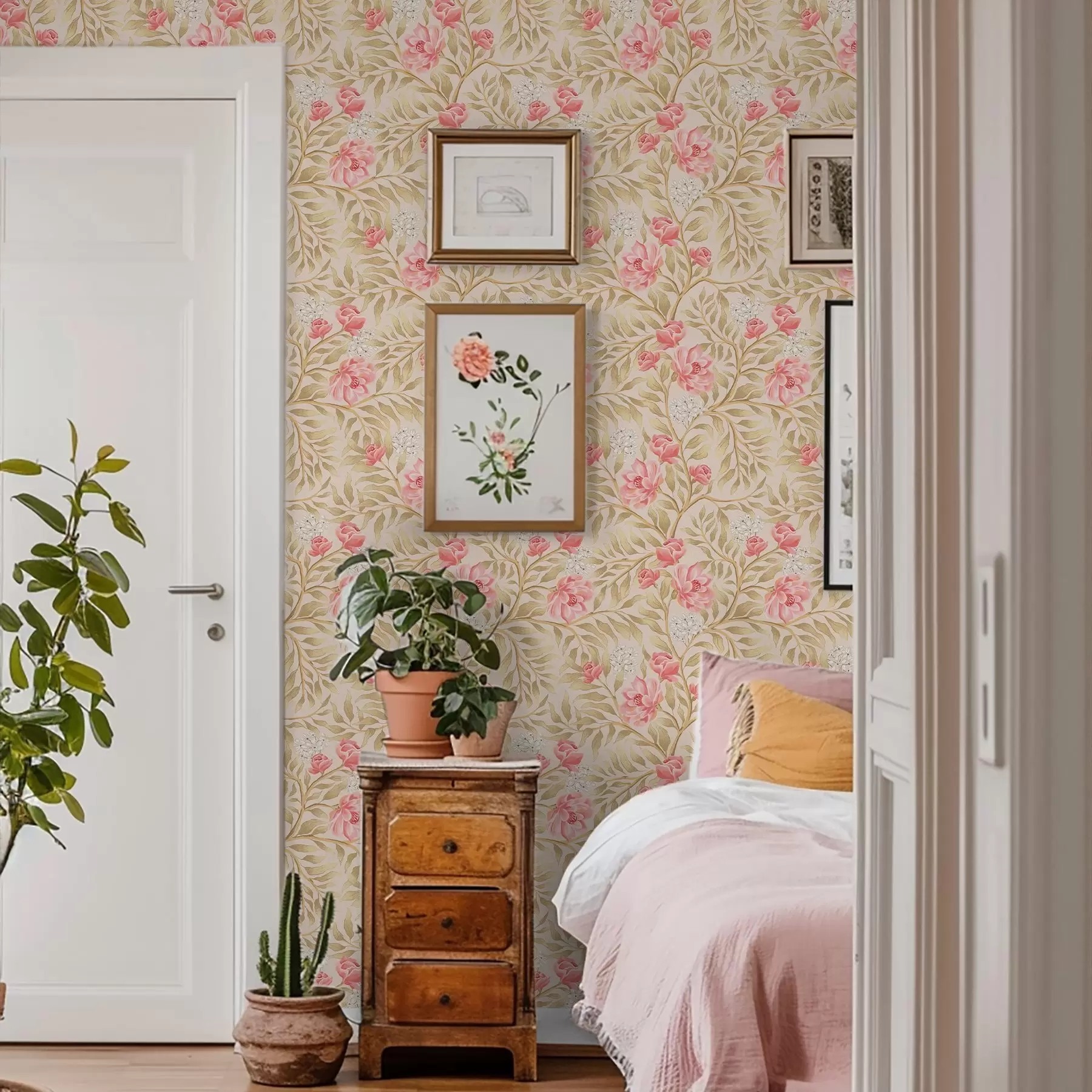 stenske poslikave Rožnate cvetove, beli cvetovi in listje v okrastih odtenkih a00855