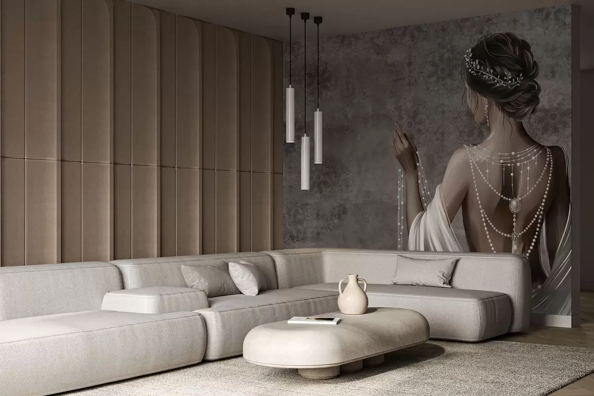 stenske poslikave Ženska, vidna od zadaj, z biseri, sivo ozadje z vzorcem kamna w04854