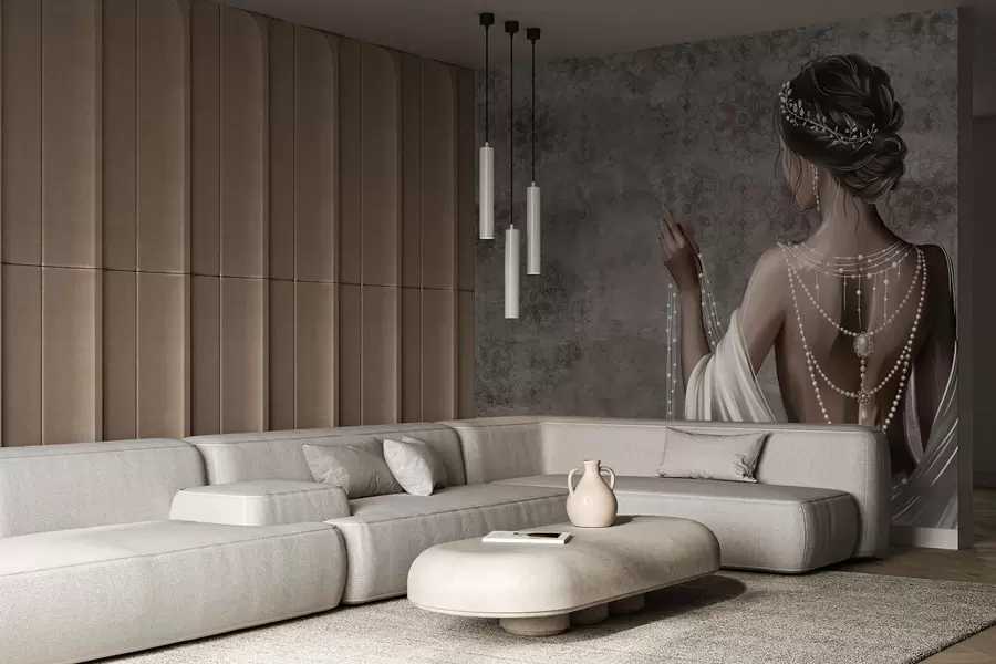 stenske poslikave Ženska, vidna od zadaj, z biseri, sivo ozadje z vzorcem kamna w04854