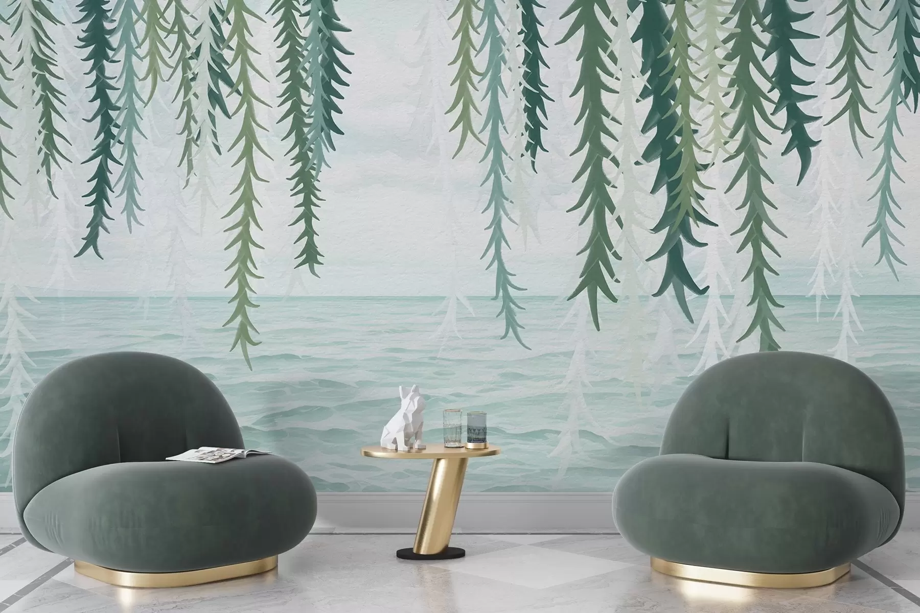 stenske poslikave Nežne vinske trte, ki visijo nad vodo, v akvarelnem slogu w04830